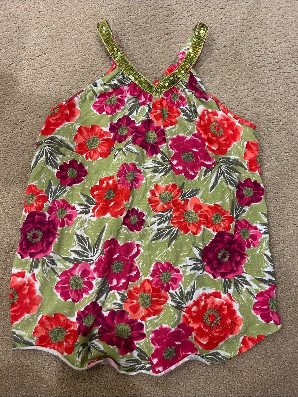 Guess Floral Halter Tank in Green, Pink & Coral with Sequin Trim